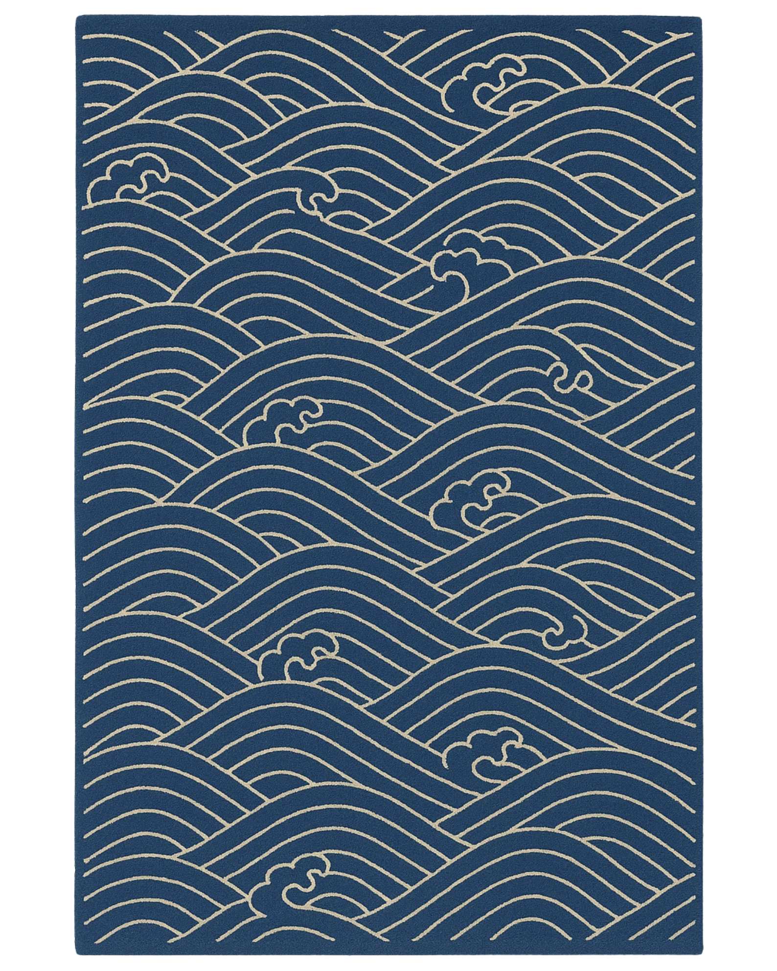 Navy blue and ivory hand-tufted nautical rug with ocean wave pattern.