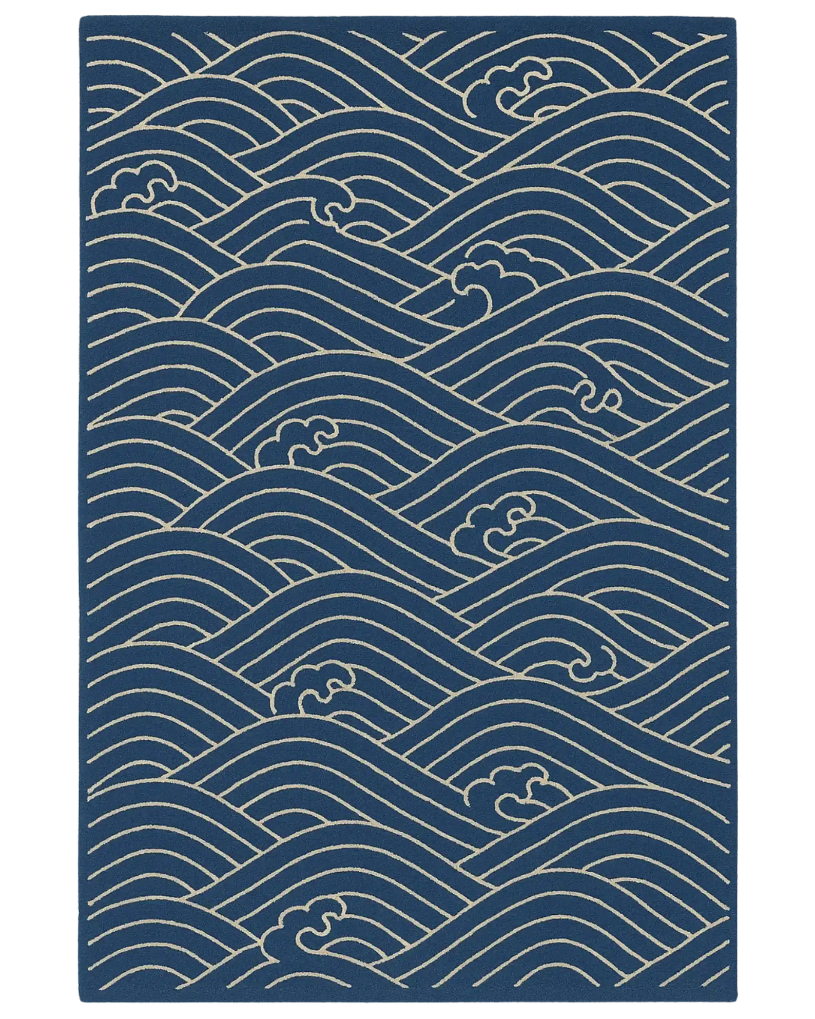 Navy blue and ivory hand-tufted nautical rug with ocean wave pattern.