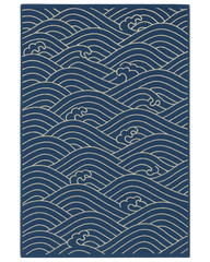 Navy blue and ivory hand-tufted nautical rug with ocean wave pattern.