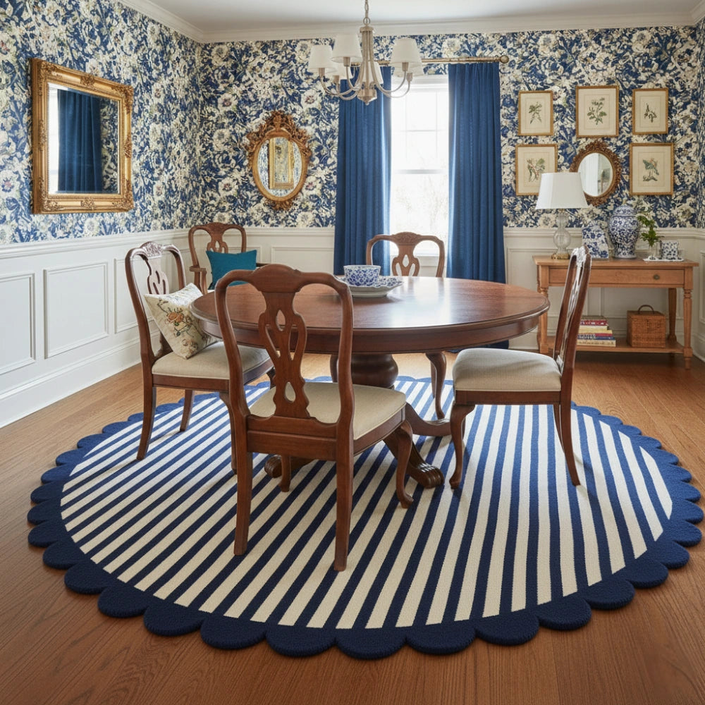 Round navy blue and ivory scalloped border hand tufted rug placed under a round table for coordinated decor