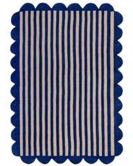 Navy blue and ivory scalloped border hand tufted area rug with plush pile and decorative edging