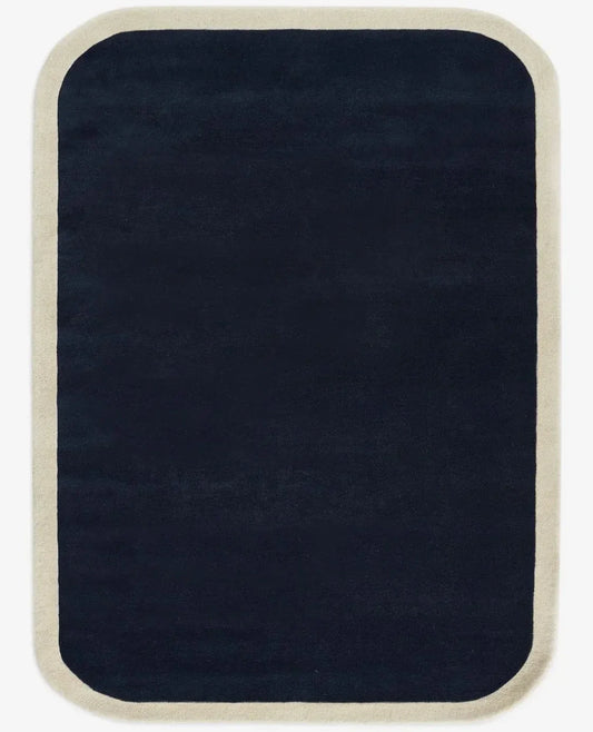 Hand-tufted navy blue wool area rug with cream border modern rectangular carpet for living room or bedroom
