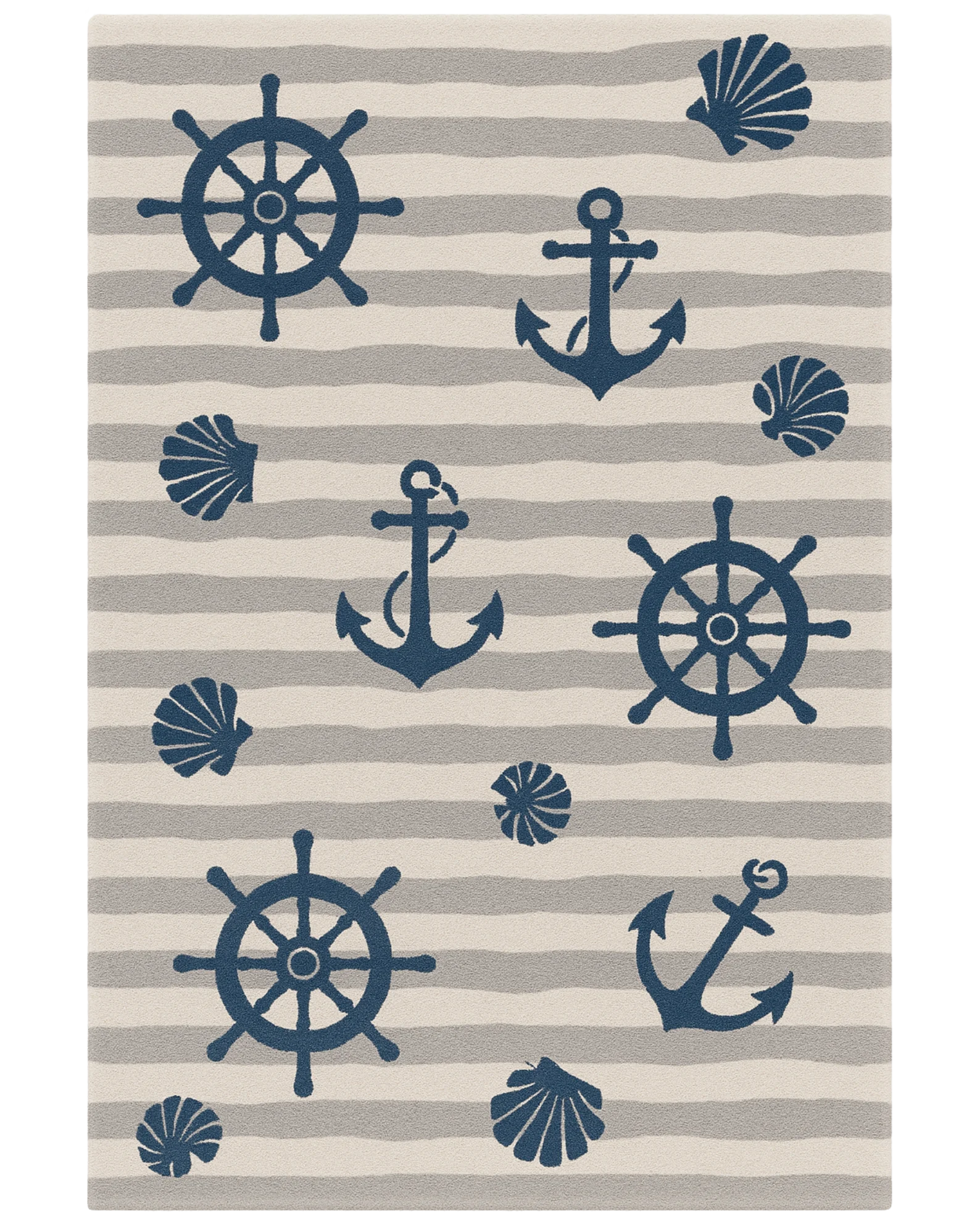 Beige and navy hand-tufted wool nautical rug with anchors and ship wheels.