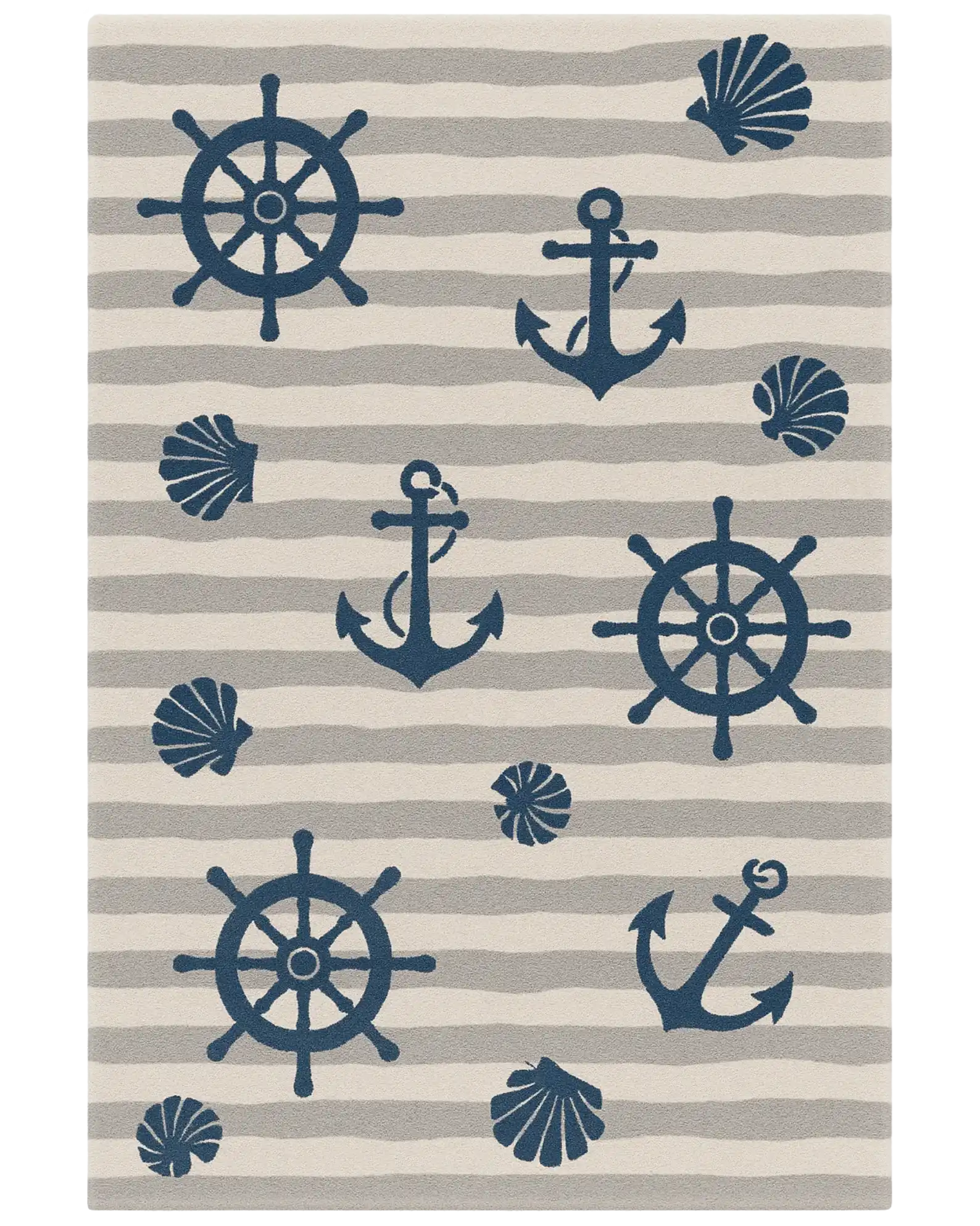 Beige and navy hand-tufted wool nautical rug with anchors and ship wheels.