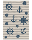 Beige and navy hand-tufted wool nautical rug with anchors and ship wheels.