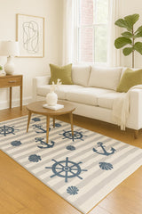 Coastal-inspired nautical rug with seashell and anchor patterns.