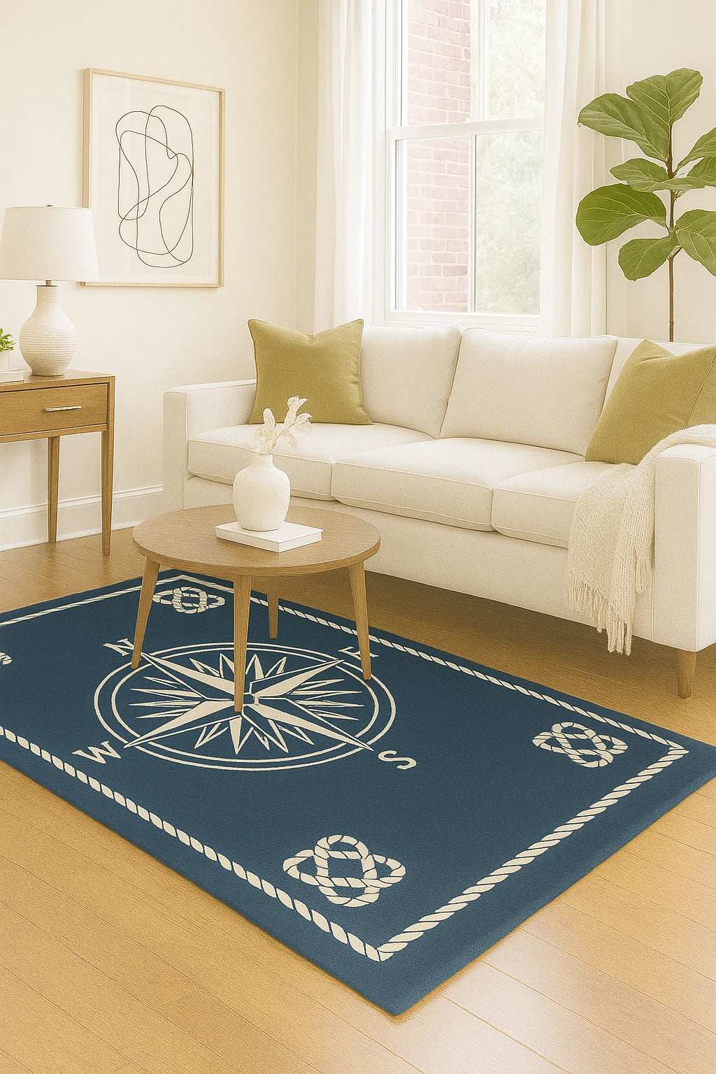 Hand-tufted wool nautical rug featuring compass and rope border.
