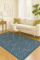 Coastal-style navy wool rug featuring flowing wave design.