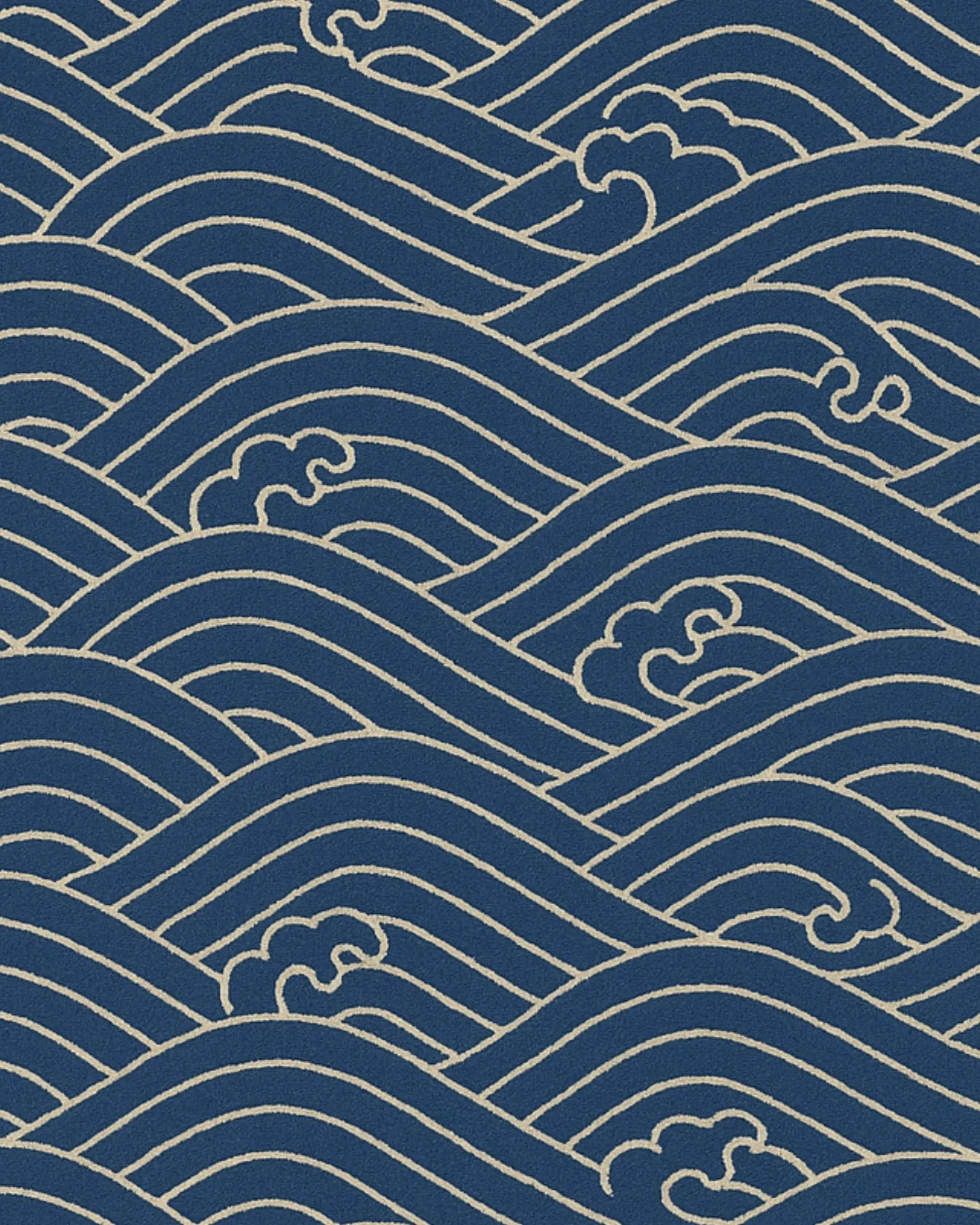 Luxury nautical rug inspired by ocean waves in navy and ivory tones.