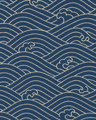 Luxury nautical rug inspired by ocean waves in navy and ivory tones.