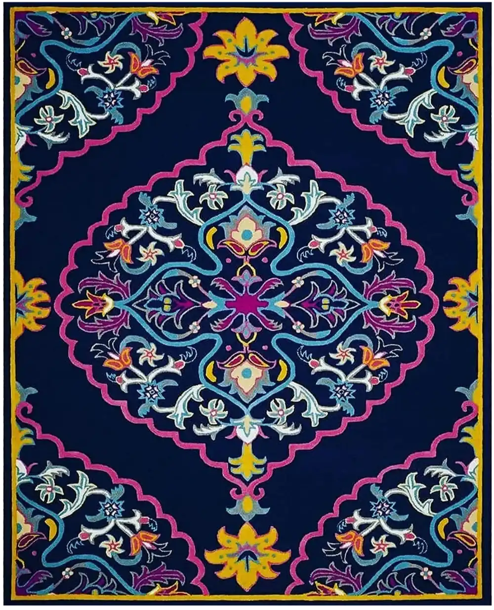 Luxury navy blue hand-tufted rug with intricate floral patterns in pink, yellow, white, and blue