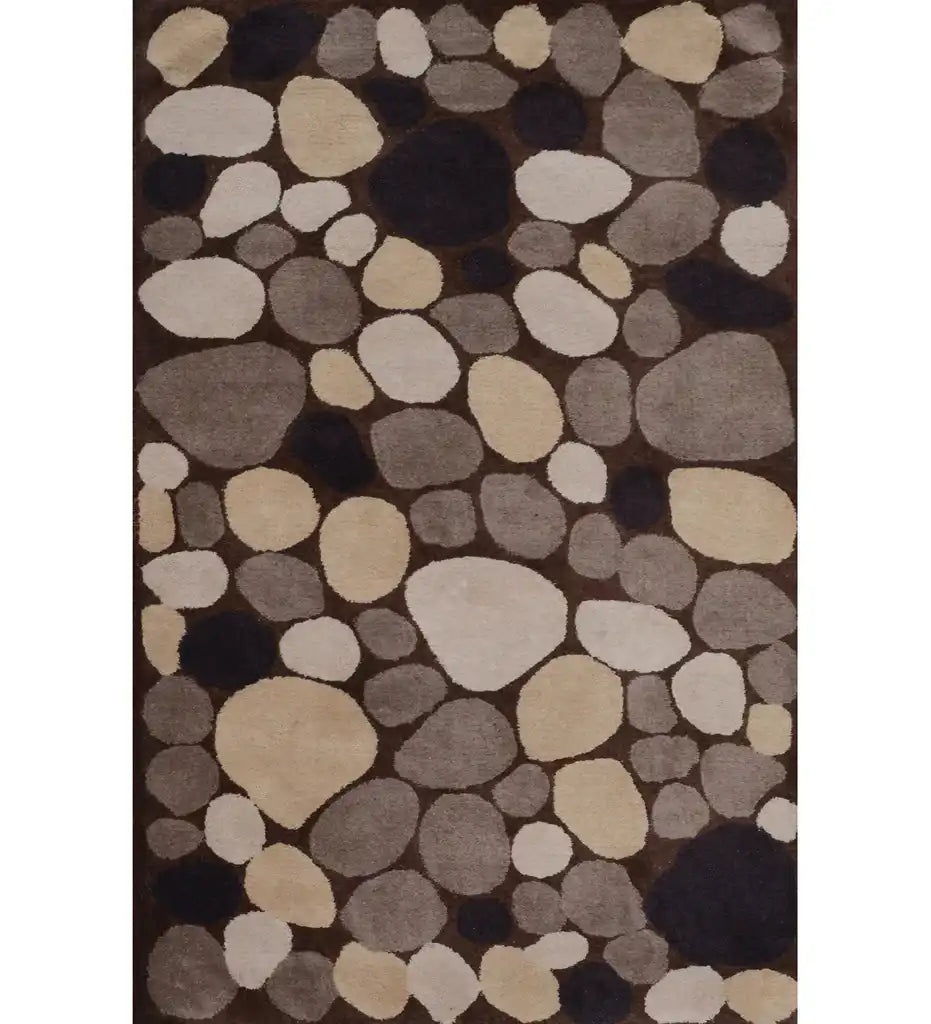 Neutral color wool rug with pebble pattern in beige, brown, gray, and black tones