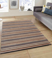 Luxury striped wool rug in beige, taupe, and muted blue tones