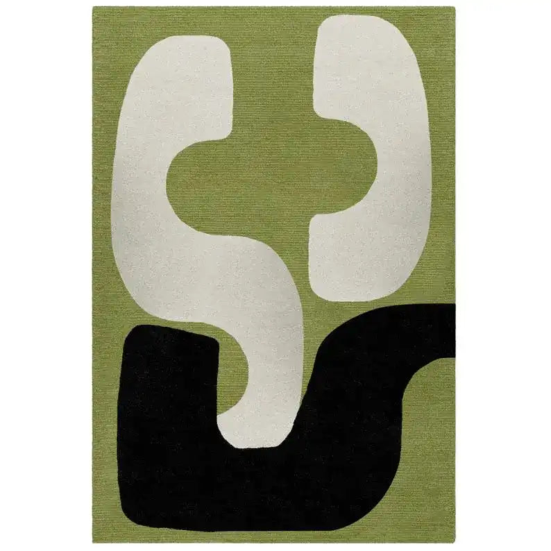 Modern abstract geometric rug with olive green background, white and black shapes, luxury handwoven design