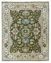 Hand-knotted olive green Persian-style wool rug with floral motifs