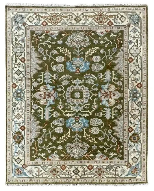 Hand-knotted olive green Persian-style wool rug with floral motifs