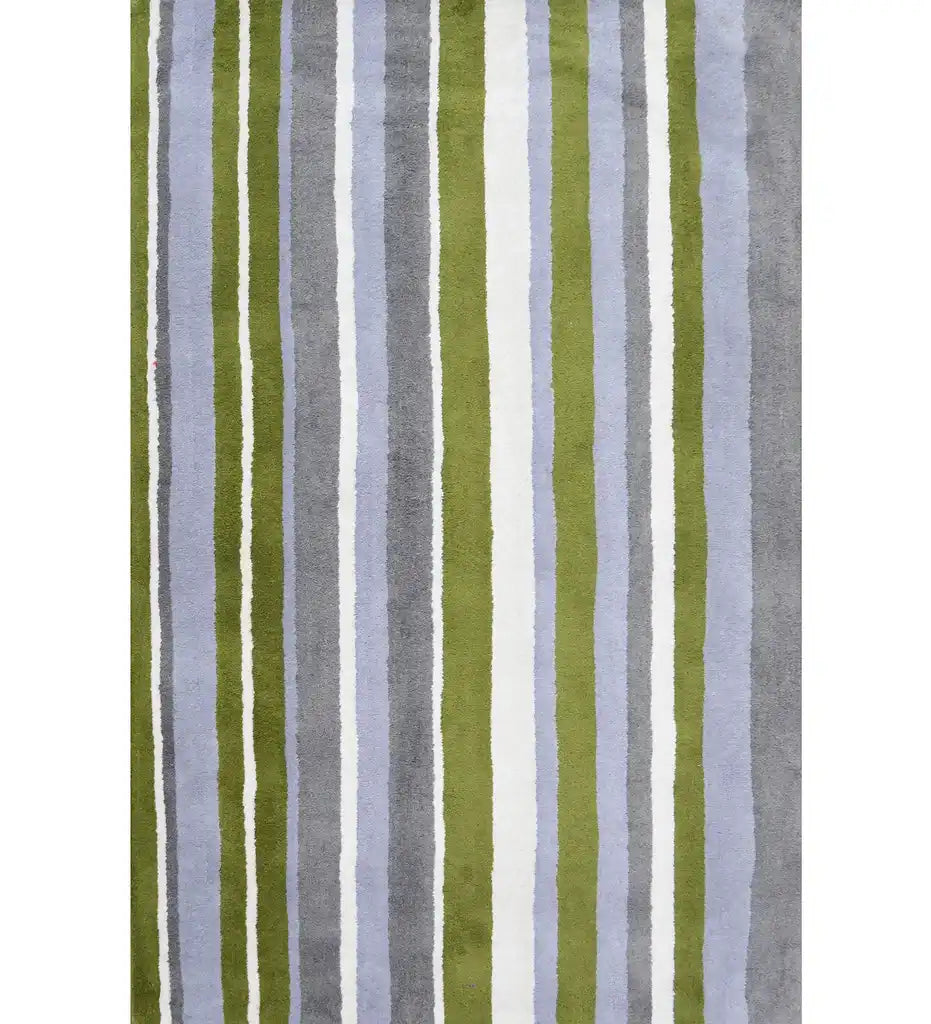 Olive green, gray, and blue hand-tufted wool rug with modern vertical stripes.