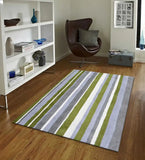 Luxury striped wool rug in olive green, lavender blue, and ivory tones.