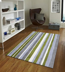 Luxury striped wool rug in olive green, lavender blue, and ivory tones.