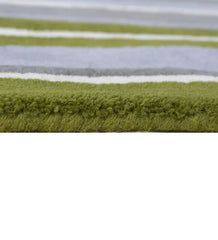 Modern striped wool rug for living room décor in olive green and gray.