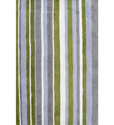 Olive green, gray, and blue hand-tufted wool rug with modern vertical stripes.