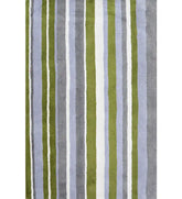 Olive green, gray, and blue hand-tufted wool rug with modern vertical stripes.