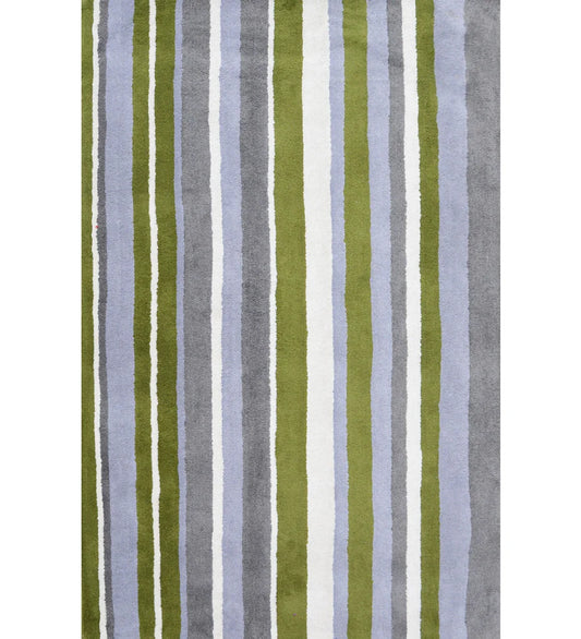 Olive green, gray, and blue hand-tufted wool rug with modern vertical stripes.