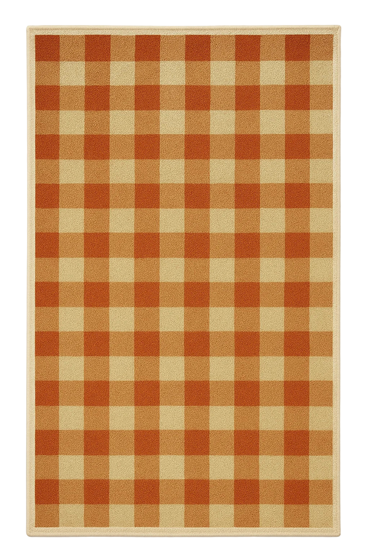 Machine washable orange gingham plaid rug for farmhouse fall decor.