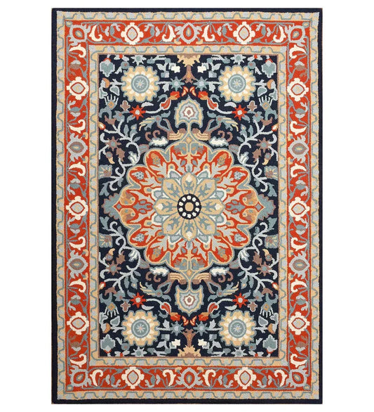 Orange and Blue Traditional Hand Tufted Rug with Intricate Pattern for Living Room Decor
