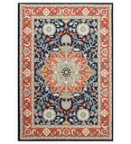 Hand-tufted rectangular rug with traditional floral medallion design in orange, blue, and beige
