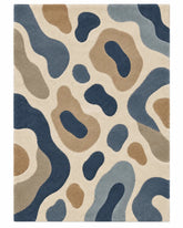 Blue and beige abstract geometric wool area rug with organic pebble shapes for a living room, 8x10 size