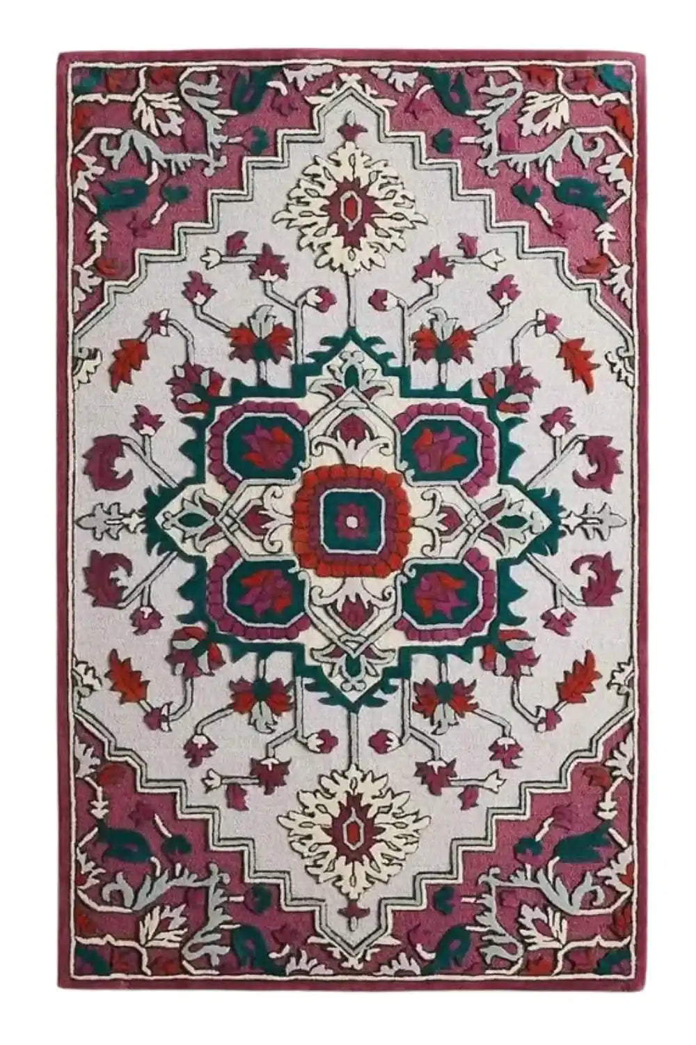 Persian inspired medallion rug with floral motifs in red, green, and cream tones