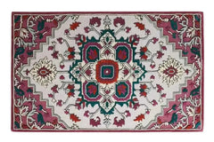 Handwoven Persian-inspired medallion rug with floral motifs in red, purple, green, and cream colors