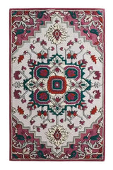 Persian inspired medallion rug with floral motifs in red, green, and cream tones