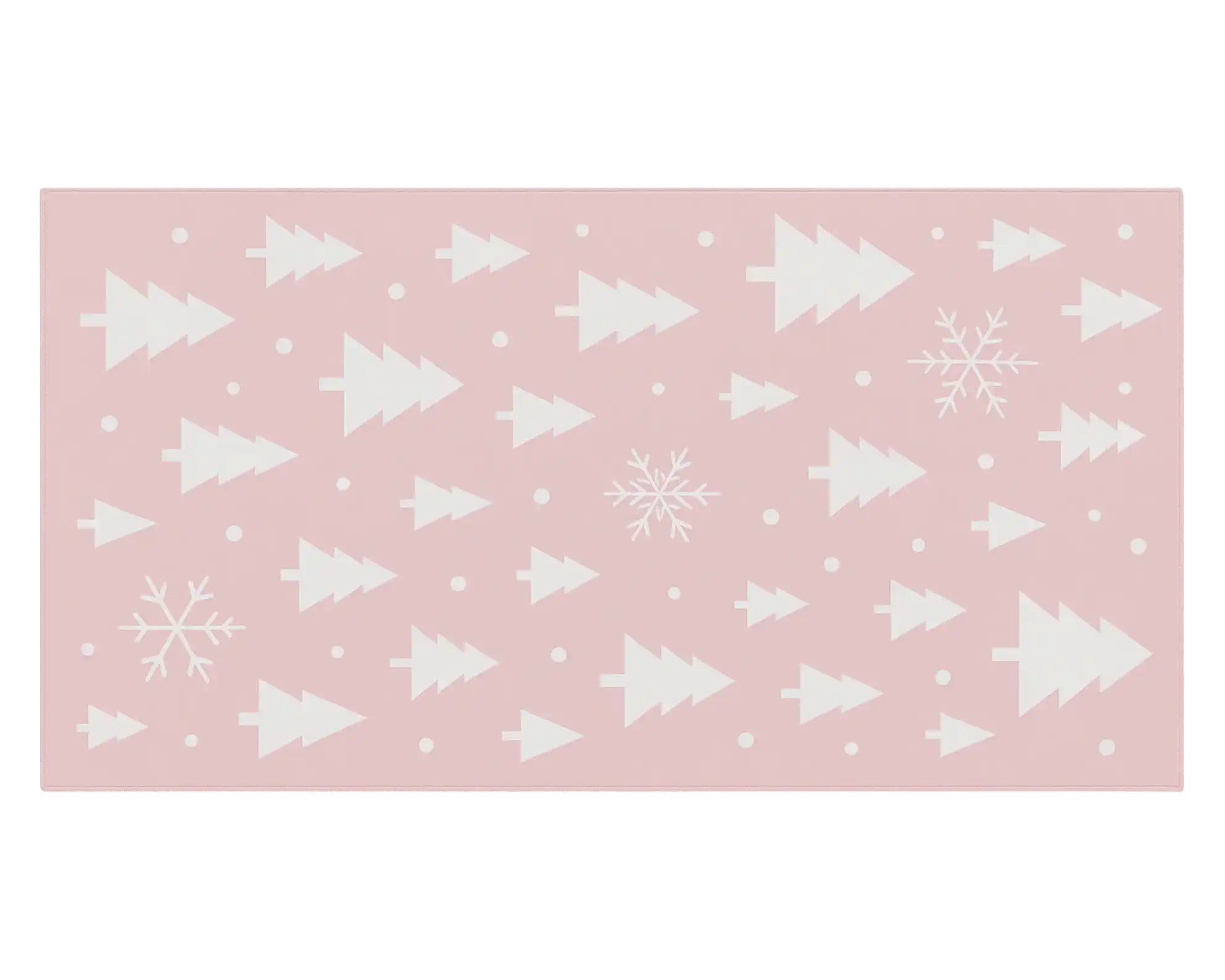 Machine washable pink holiday runner rug with modern Christmas tree pattern.