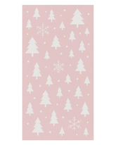 Pink Christmas runner rug with white minimalist trees and snowflakes.