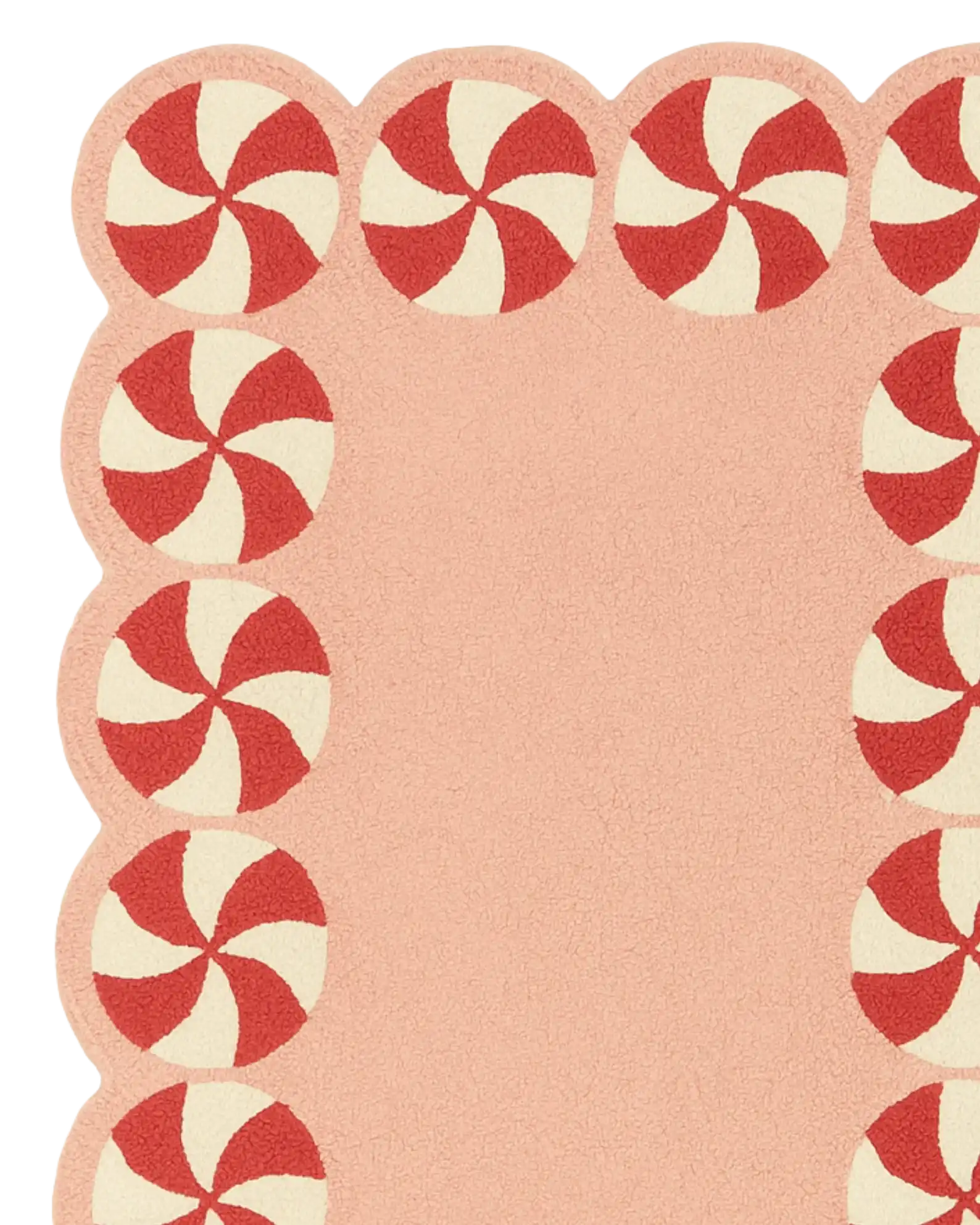 Festive peppermint-border rug in pink for holiday décor.