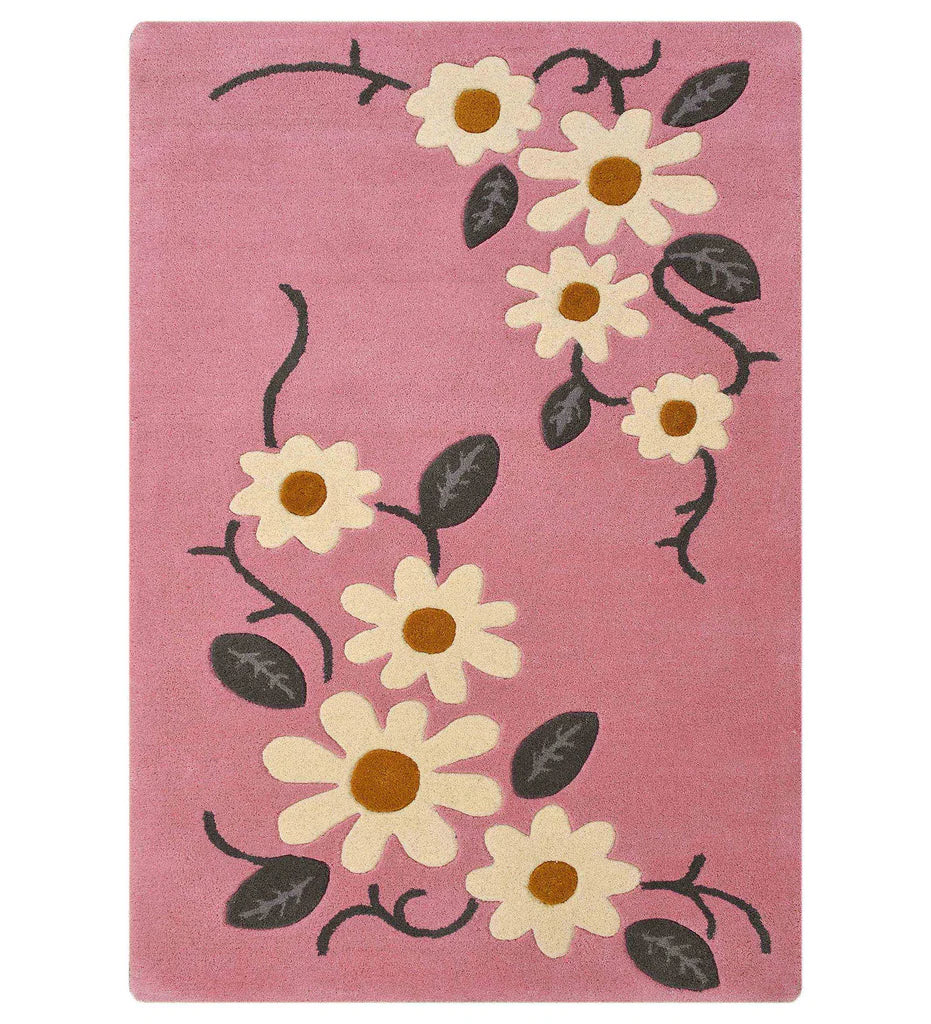 Pink floral hand-tufted wool rug with cream and yellow daisies