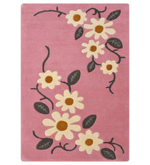 Pink floral hand-tufted wool rug with cream and yellow daisies