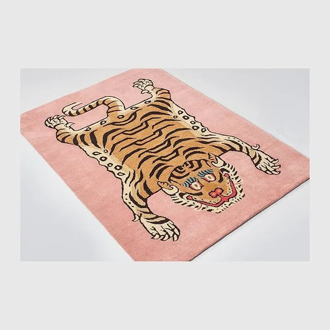 Rug with a tiger design on a pink background