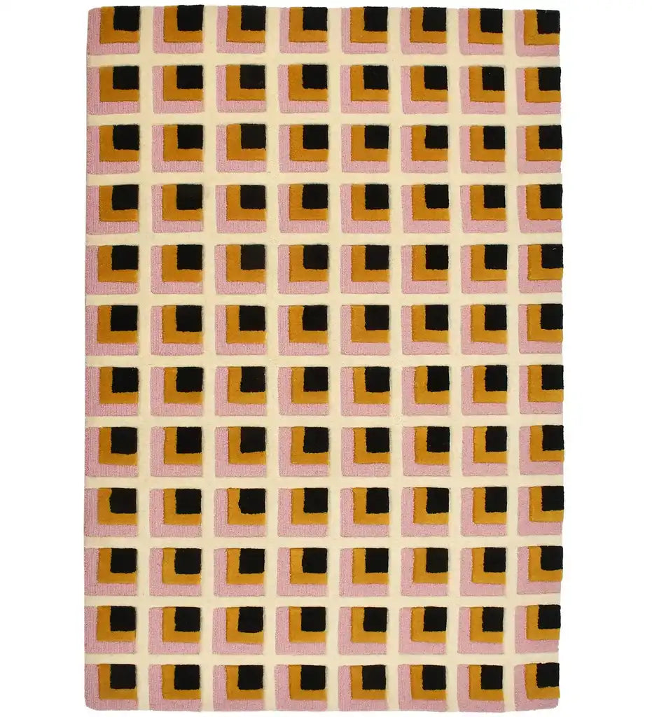 Pink, mustard, and black geometric hand-tufted wool rug