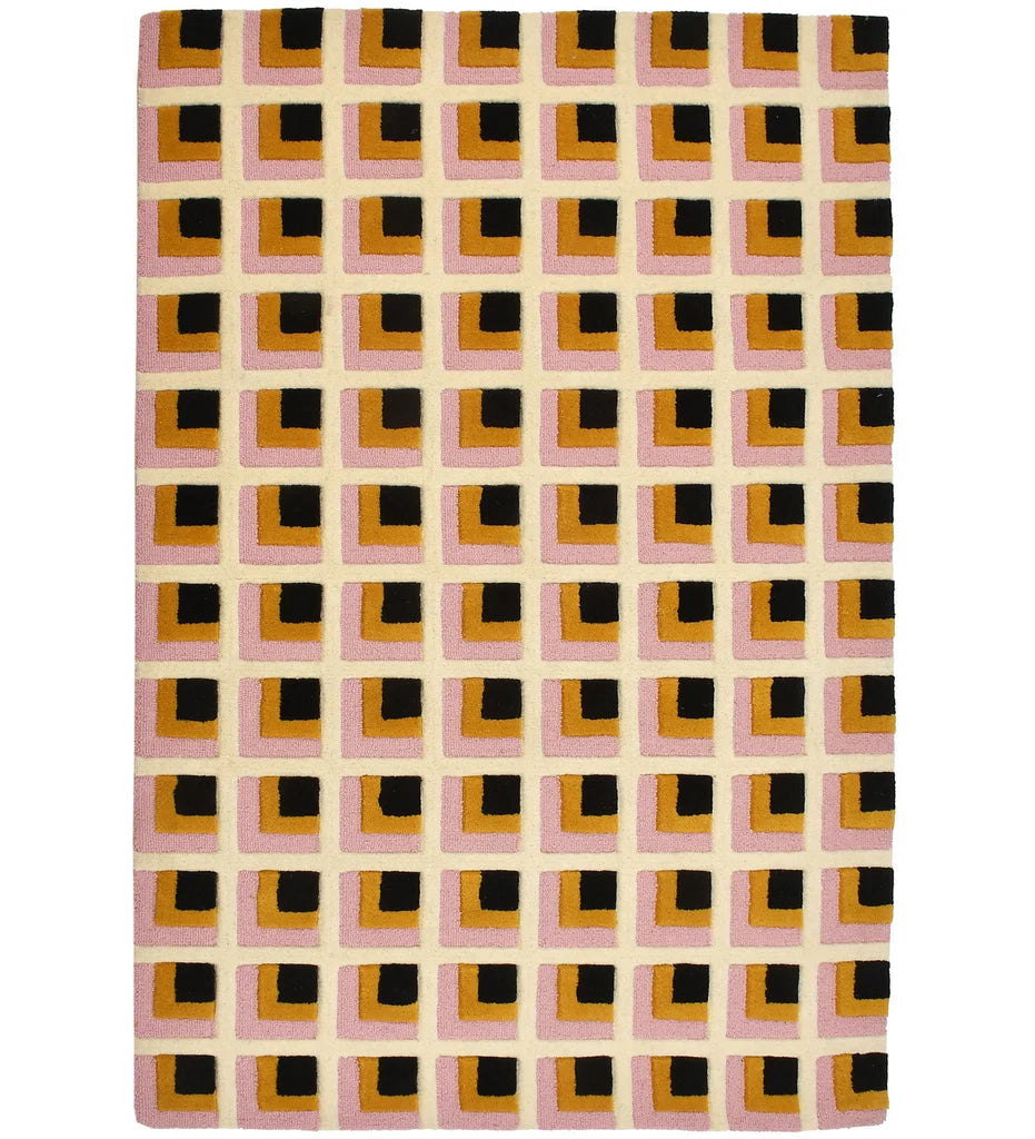 Pink, mustard, and black geometric hand-tufted wool rug