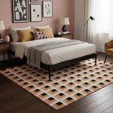 Pink, mustard, and black modern geometric grid hand-tufted area rug styled in a bedroom, adding a bold, contemporary, and stylish accent