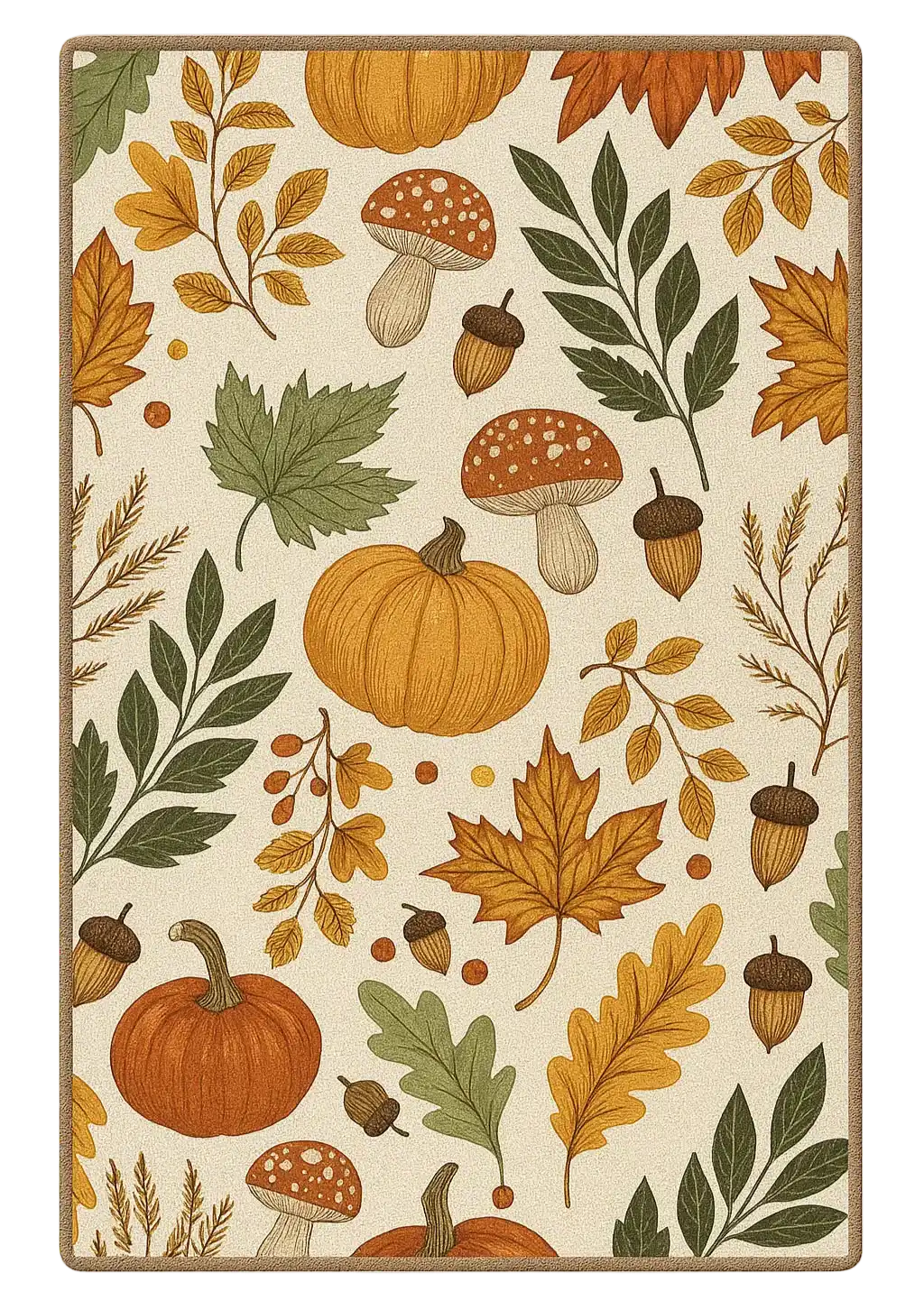 Fall harvest rug with pumpkins, acorns, mushrooms, and autumn leaves pattern