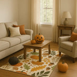 Cozy living room with fall harvest rug featuring pumpkins, autumn leaves, and acorns, decorated with pumpkins