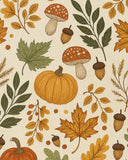 Autumn pattern featuring pumpkins, orange mushrooms, green and yellow leaves, and acorns on beige background