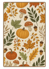 Pumpkin harvest rug with autumn leaves, mushrooms, and acorns.