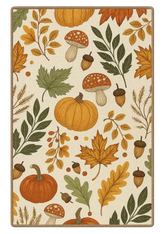 Pumpkin harvest rug with autumn leaves, mushrooms, and acorns.
