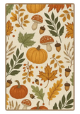Fall harvest rug with pumpkins, acorns, mushrooms, and autumn leaves pattern