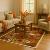 Machine washable rug with pumpkins, flowers, and fall foliage design.